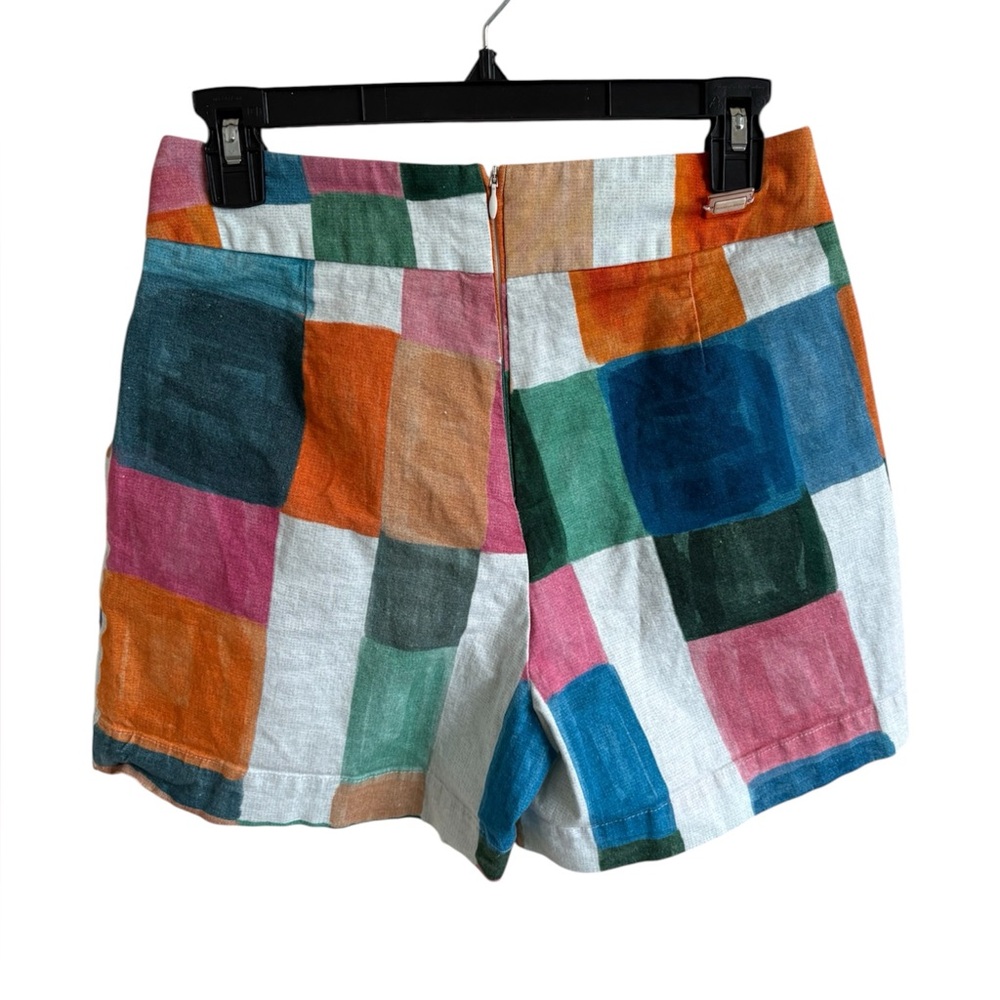 Multicoloured patchwork linen shorts with earth s… - image 2